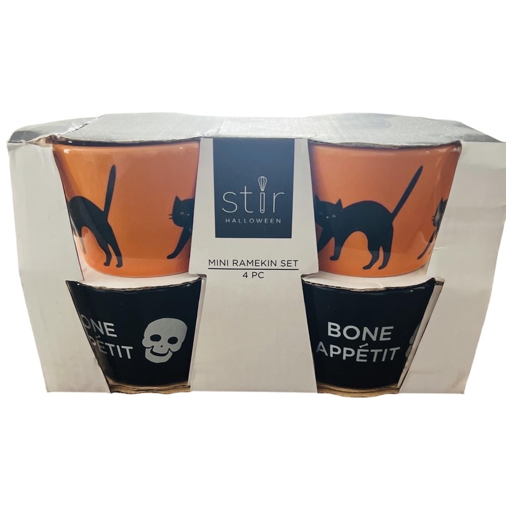 Stir Halloween Mini Ramekin Set 4 Pc Black Cat Skull Bone Appetit Cups Ceramic